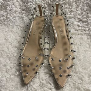 Gianni Bini clear slip on kitten heels studded rhinestones accents SZ 10M